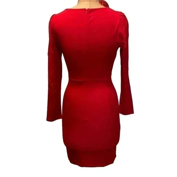 Sarin Mathews Deep V Neck Ruched Bodycon Long Sleeve Mini Dress Red NWT Size XL - Picture 2 of 9
